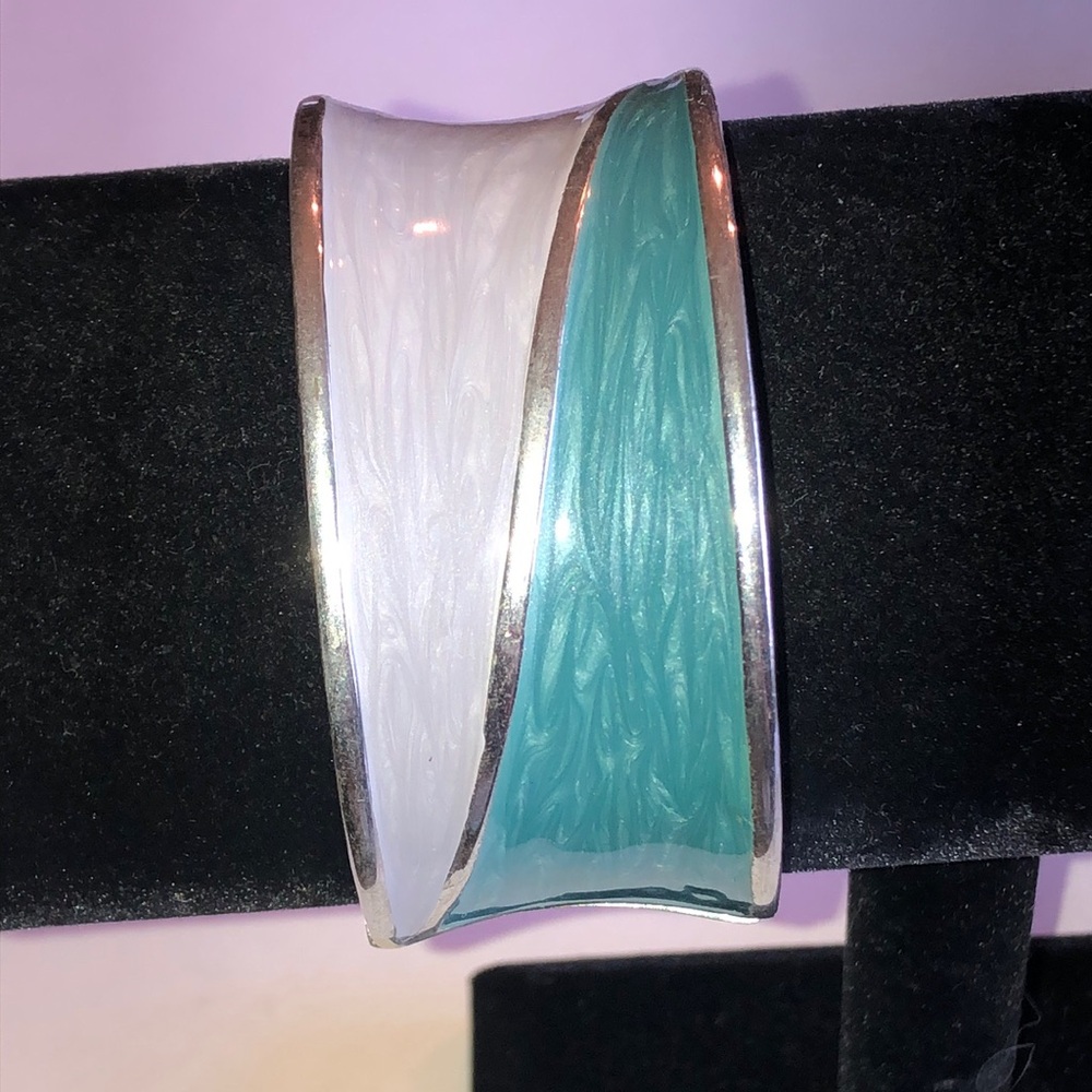 White and Teal Shimmer Enamel Wave Cuff Bracelet